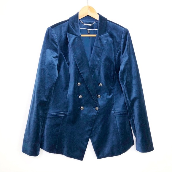 White House Black market teal blue velvet double breasted blazer - Picture 2 of 12